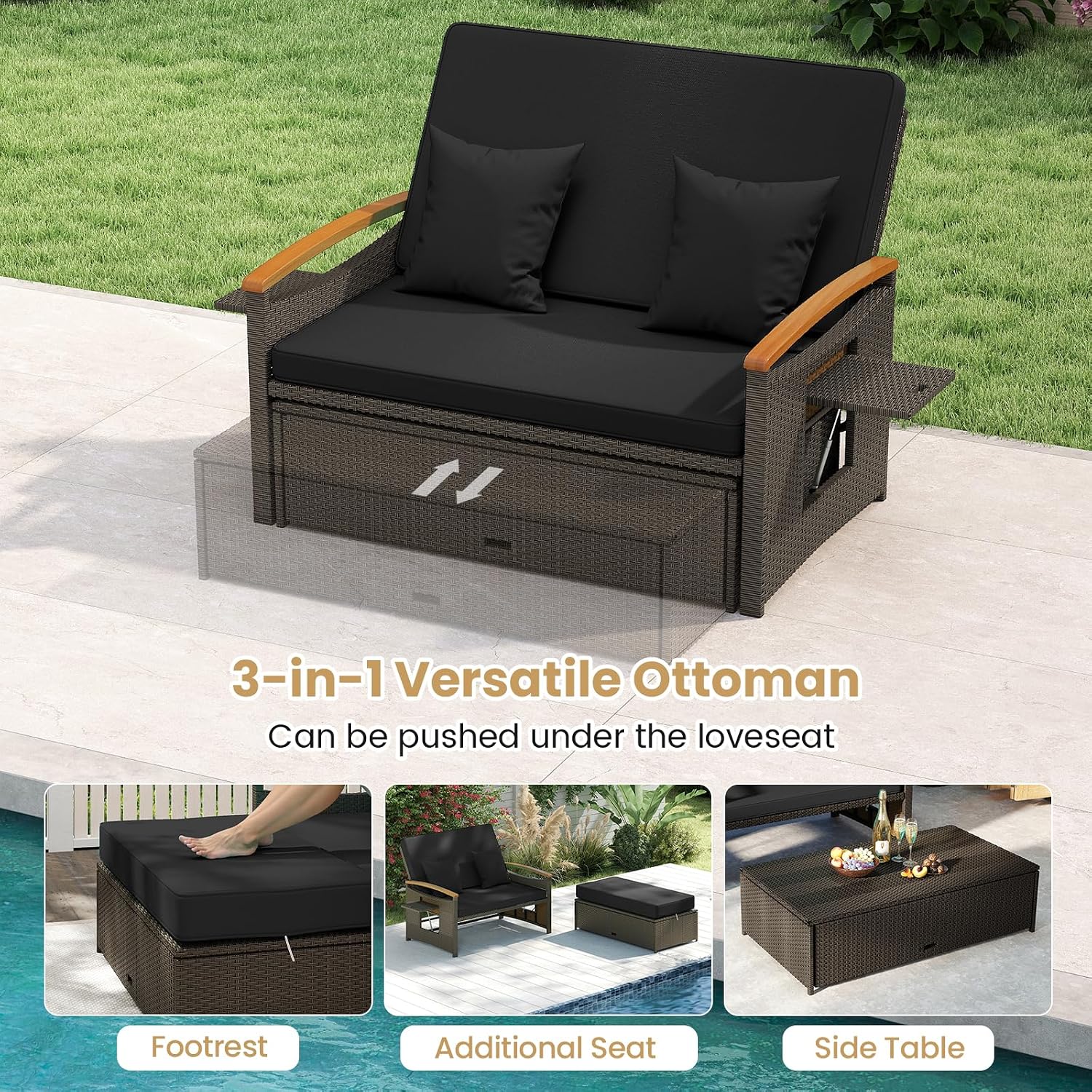 COSTWAY Patio Rattan Daybed, Outdoor Loveseat Sofa with Storage Ottoman, 4-Level Adjustable Backrest & Acacia Wood Armrest, Outdoor Wicker Daybed with Side Panels for Yard, Deck, Poolside (Black)