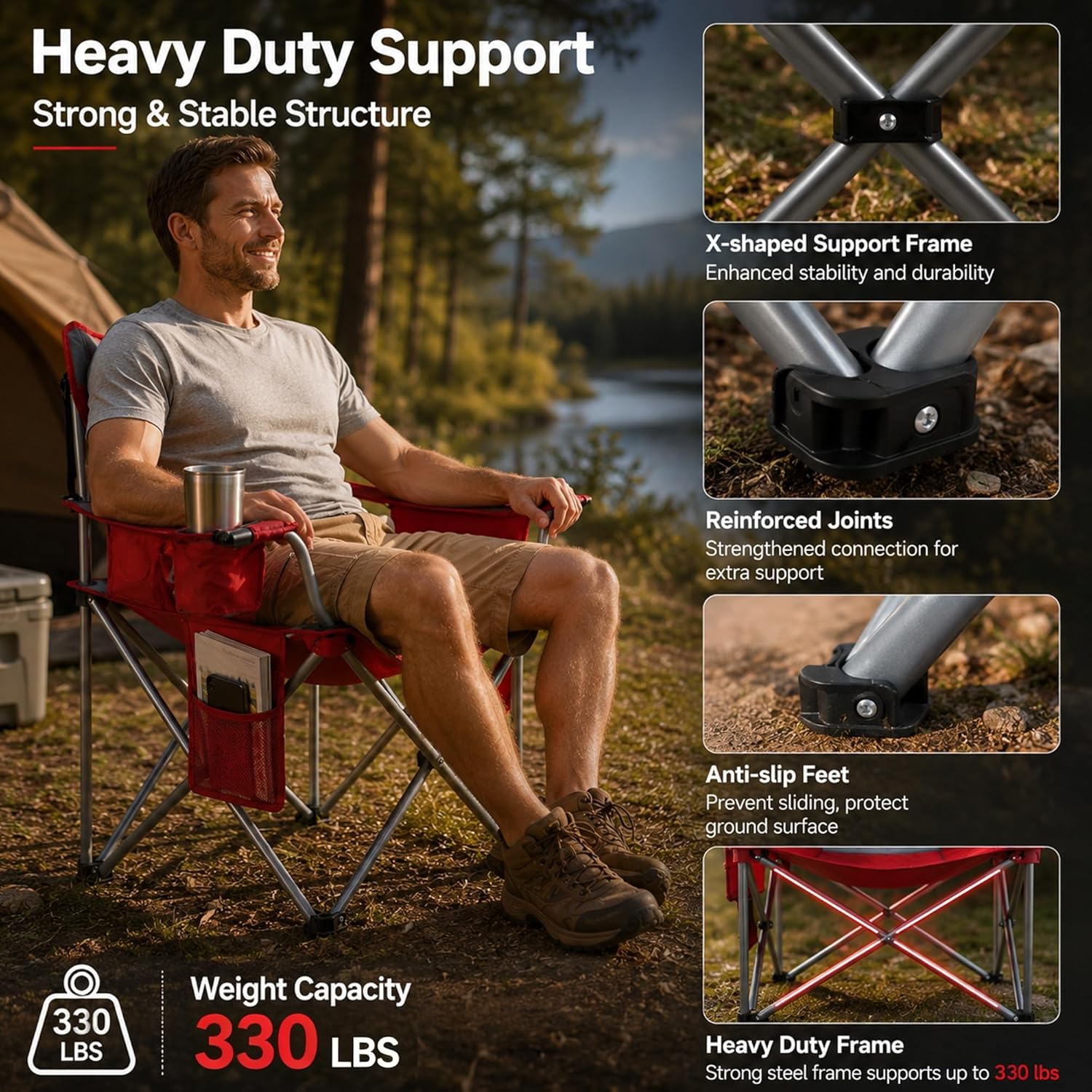 Byliable Oversized Camping Chairs Portable Outdoor 330LBS Capacity Folding Lawn Chairs for Adults with Cooler Bag,Cup Holder and Side Pocket for Beach, Sports, Tailgates, Fishing, Hiking, Red