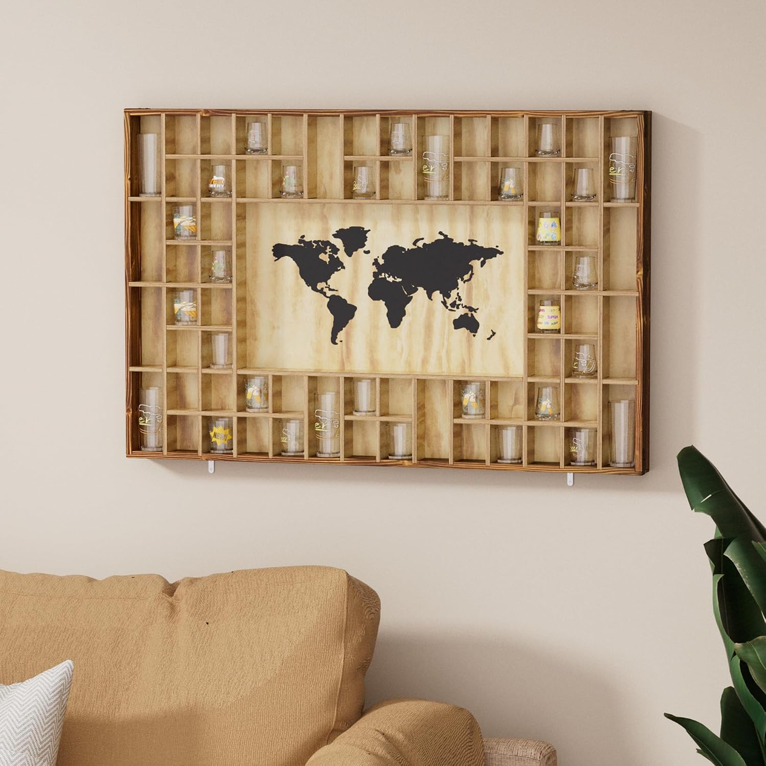 68 Large World Map Shot Glass Display Case Rustic Shot Glass Holder 37x 24.4in Brown Wood Shelf for 2 Different Sizes Glasses Shelf Wall Mount Storage Cabinet for Bar Home Kitchen