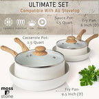 Moss & Stone 6 Pcs White Nonstick Cookware Set, Pots And Pans Set Non stick With Glass Lid, Induction Cookware, Stay-Cool Handle PTFE/PFOA Kitchen Pots 6-Piece with Frying Pans & Saucepan