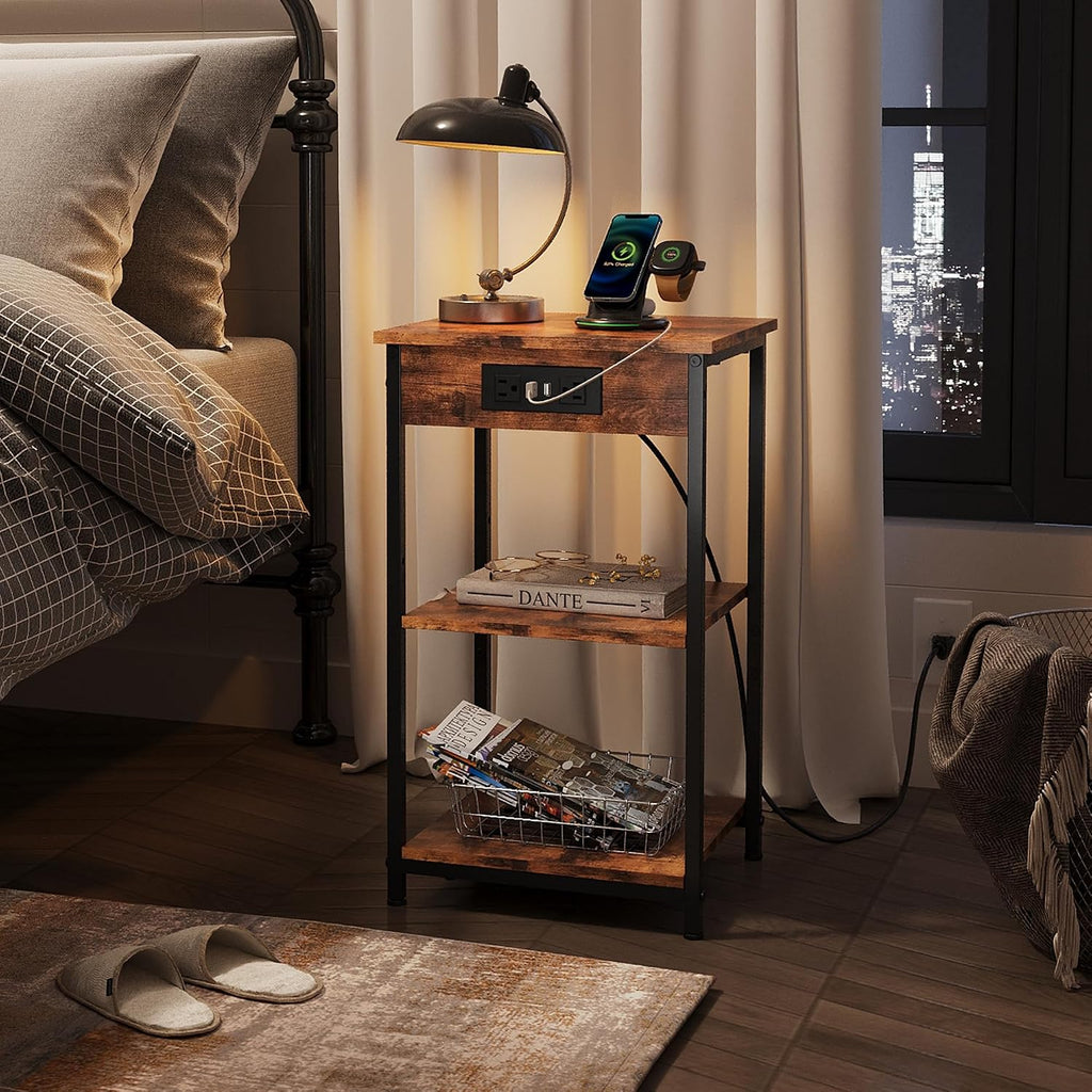 WLIVE End Table with Charging Station, Small Night Stand with Storage Adjustable Shelf, Side Tables for Small Spaces, Bedside Tables for Living Room, Bedroom, Rustic Brown