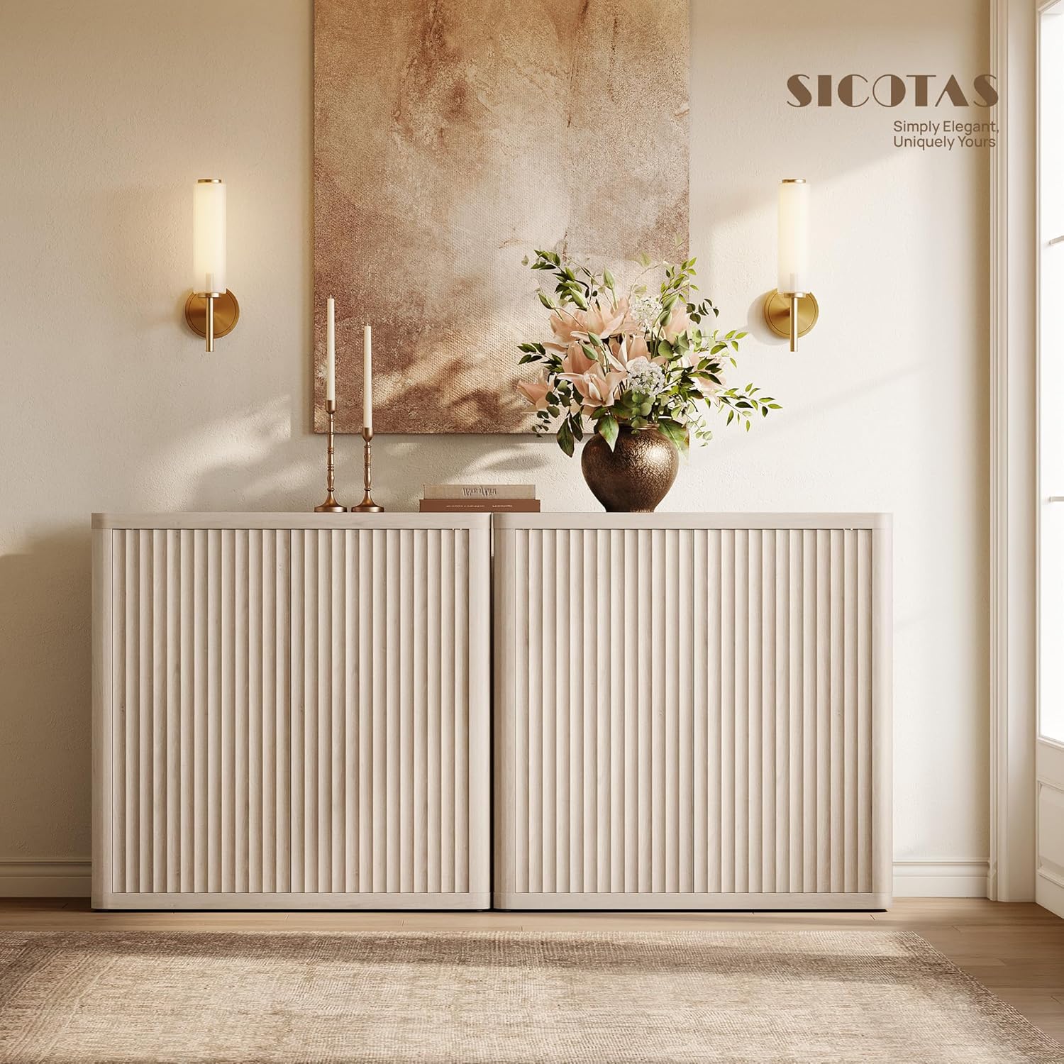 SICOTAS Buffet Cabinet with Storage 34.6" Sideboard Accent Modern Credenza with Doors & Shelves Fluted Tall Media Console Mid Century Coffee Bar Table for Living Room Kitchen Dining Room Hallway