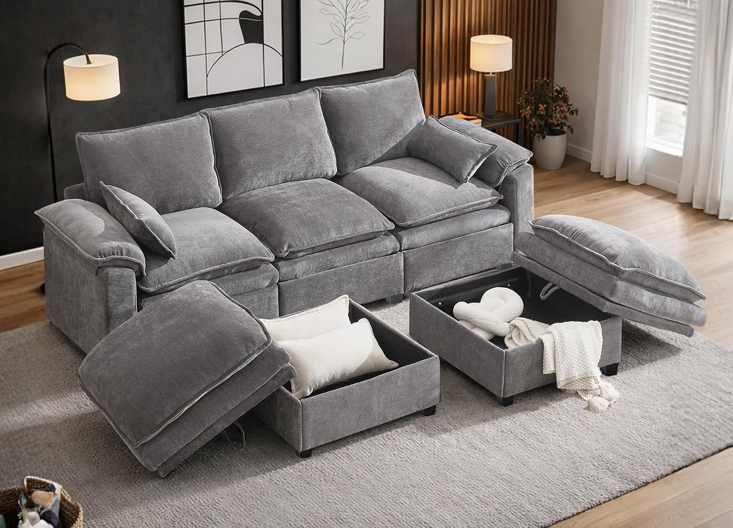 110" Modular Sectional Sofa with Storage, Premium Chenille Cloud Couch with Movable Ottomans, 1200lbs Heavy Duty Deep Seat Sectional, High-Density Foam