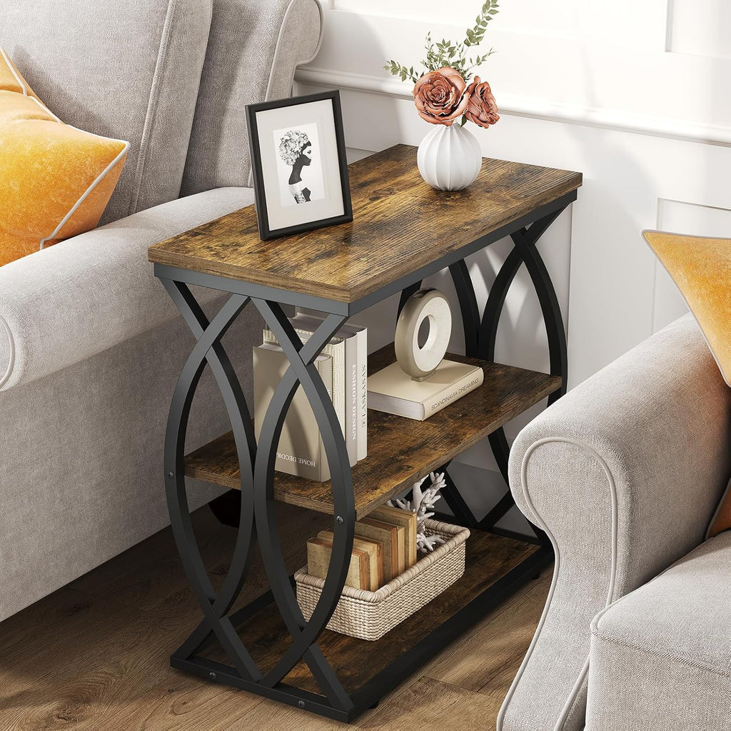 End Table, Narrow Side Table, 3-Tier End Table with Metal Frame, Living Room Side Table with Storage for Couch, Sofa, Bedroom, Small Spaces, Easy Assembly, 23.6"D*11.8"W*23.6"H, Rustic Brown