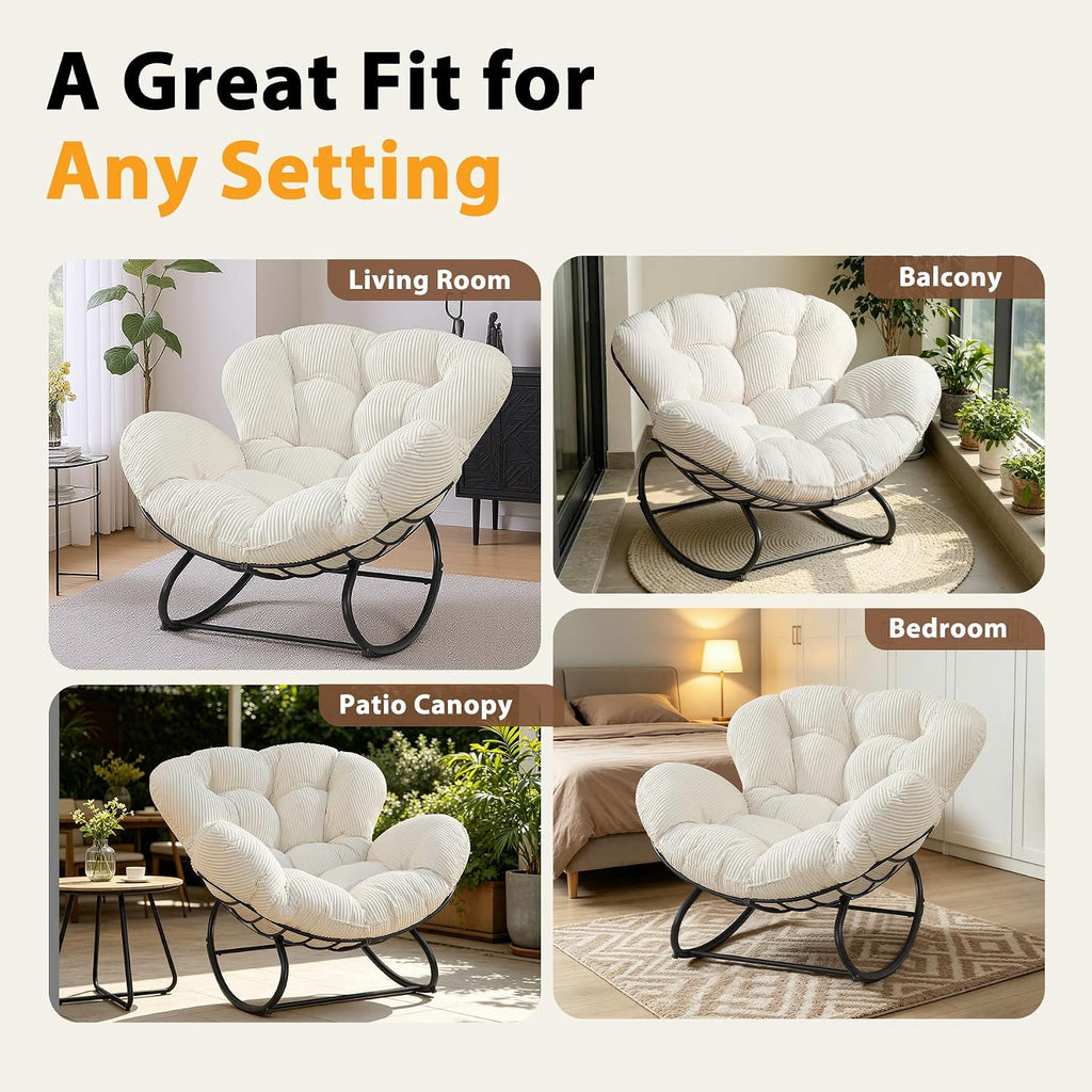 Oversized Outdoor Rocking Chair, Papasan Rocking Egg Chair with Thick Cushion, Metal Frame, Indoor Cozy Rocker for Patio, Balcony, Living Room, Beige