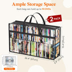 Lifewit DVD Storage Bags, Clear PVC Media Organizer with Handles, 2 Pack | Clear PVC with zipper and handles. Holds 180 DVDs (90 per bag). For Blu-ray, VHS, games, books, albums. Space-saving.