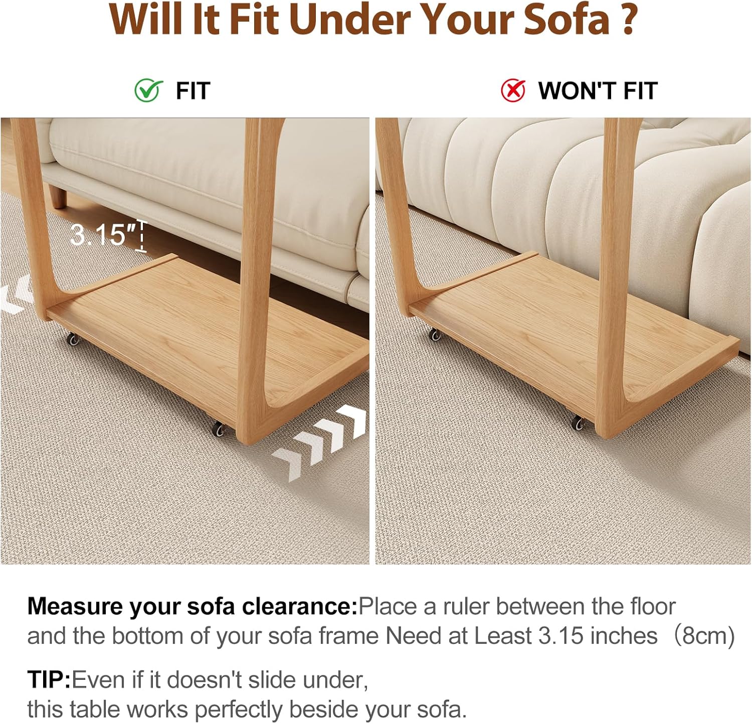 AQIMUELE Wooden C-Shaped End Table,Couch Table with Adjustable Desktop,Small Rolling Side Table with 2 Lockable Wheels 23.6" Width,Small End Table for Couch, Living Room,Bedroom (Natural)