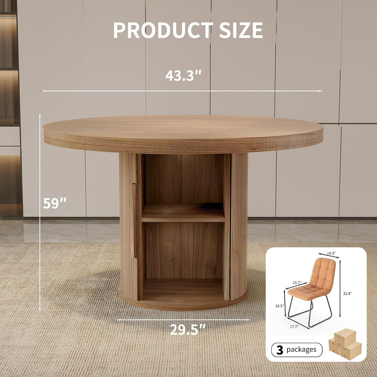 5-Piece Dining Set for Small Spaces 43.3" Round Table & 4 PU Leather Chairs, Modern Farmhouse with Storage Shelf, Apartment Kitchen Easy Assembly (Walnut Color Round Table + 4 U-Shaped Brown Chairs)