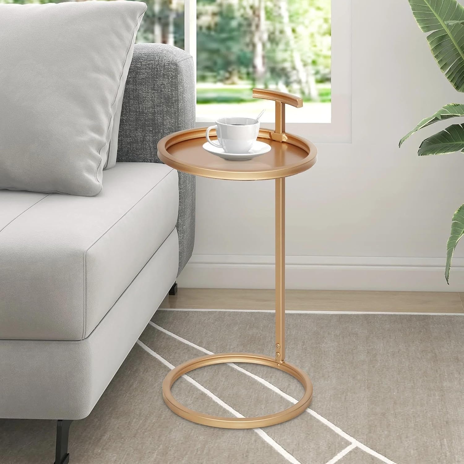 C-Shaped Base Round Metal Side Table with Carry Handle, Powder Coated Metal Frame, Round Tabletop with Raised Lip, Freestanding Portable End Table for Indoor Use