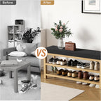 2 Tier Shoe Rack Bench with Cushion, Rubberwood Shoe Benches, Mid-Century Modern Shoe Storage Bench for Entryway, Hallway, Living Room, Closet, Front Door Entrance, Black