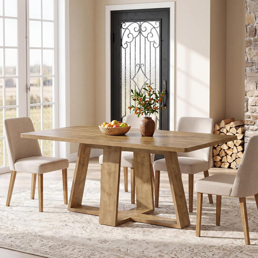 Tribesigns 63-Inch Dining Table, Farmhouse Kitchen Table with Wooden Pedestal, Rectangle Dinner Table for Kitchen, Dining Room, Small Space, Rustic Brown, Capacity 4-6