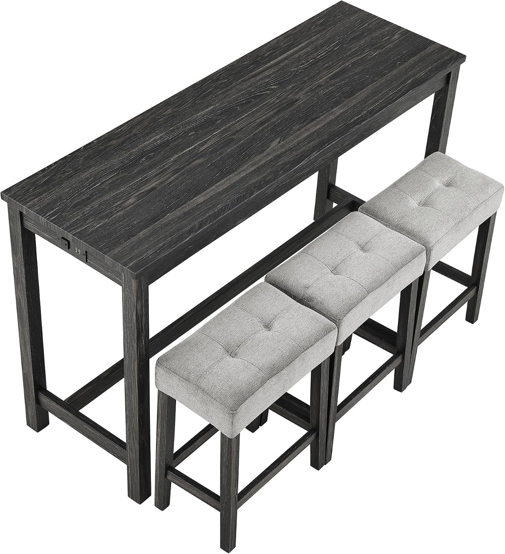 Bar Table Set with Power Outlet, 4 Piece Bar Table and Chairs Set, Industrial Breakfast Table Set, for Living Room/Dining Room/Game Room, Black+Gray