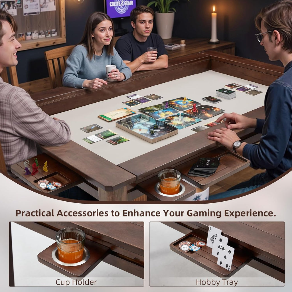 Coperat Solid Wood Board Game Table for 4-6 Players,Dining/Gaming Table w/ 54"x31" Big Gaming Space and Removable Top,Includes Game Mat, 6 Cup Holders & Hobby Tray, Warm Walnut