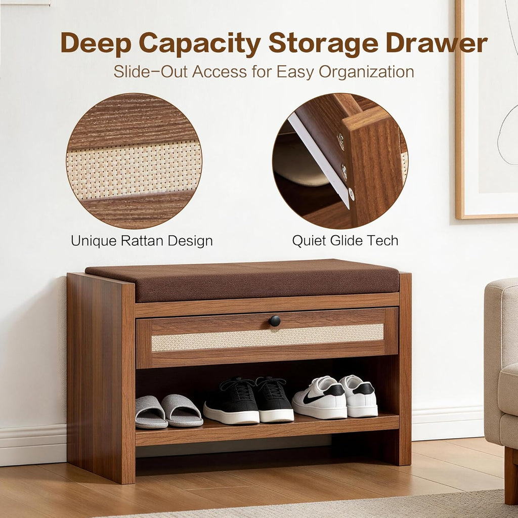 VipDesk Rattan Shoe Bench with Storage Drawer and Cushion Seat, Walnut Wood Entryway Bench 330 lbs Capacity, Waterproof for Hallway, Bedroom, Living Room