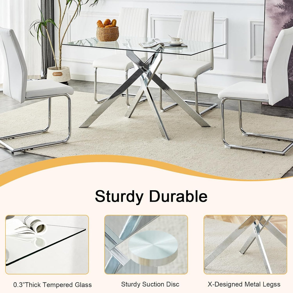 51in Glass Dining Table,Rectangular Kitchen Table for 4 Person with 0.39'' Tempered Glass Table Top and X-Design Metal Base,Modern Kitchen Dining Room Table for Home, Kitchen