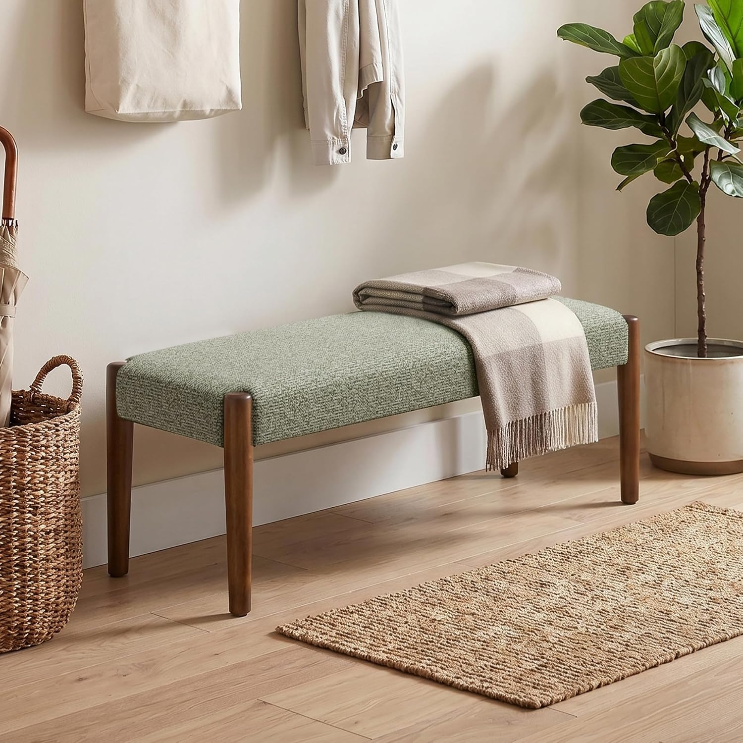 Usaint 42" End of Bed Bench, Modern Upholstered Bedroom Bench with Rubberwood Legs, Entryway Bench with Cushion, Dining Bench for Living Room, Bedroom, Green with Walnut Leg