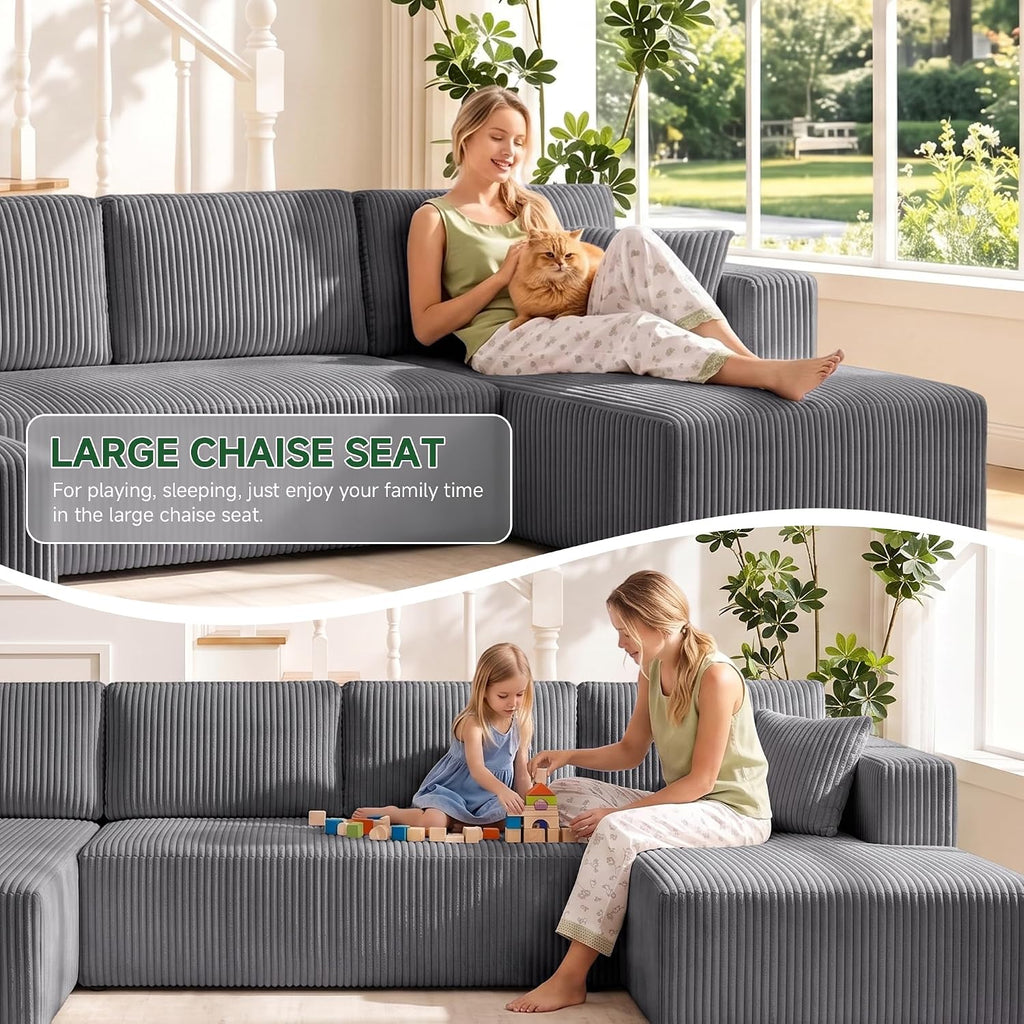 130" Couch U-Shaped Sectional Sofa, Grey | Corduroy Cloud Couch with Double Chaise, 30D Memory Foam, Compressed Sofa for Living Room, No Assembly Required