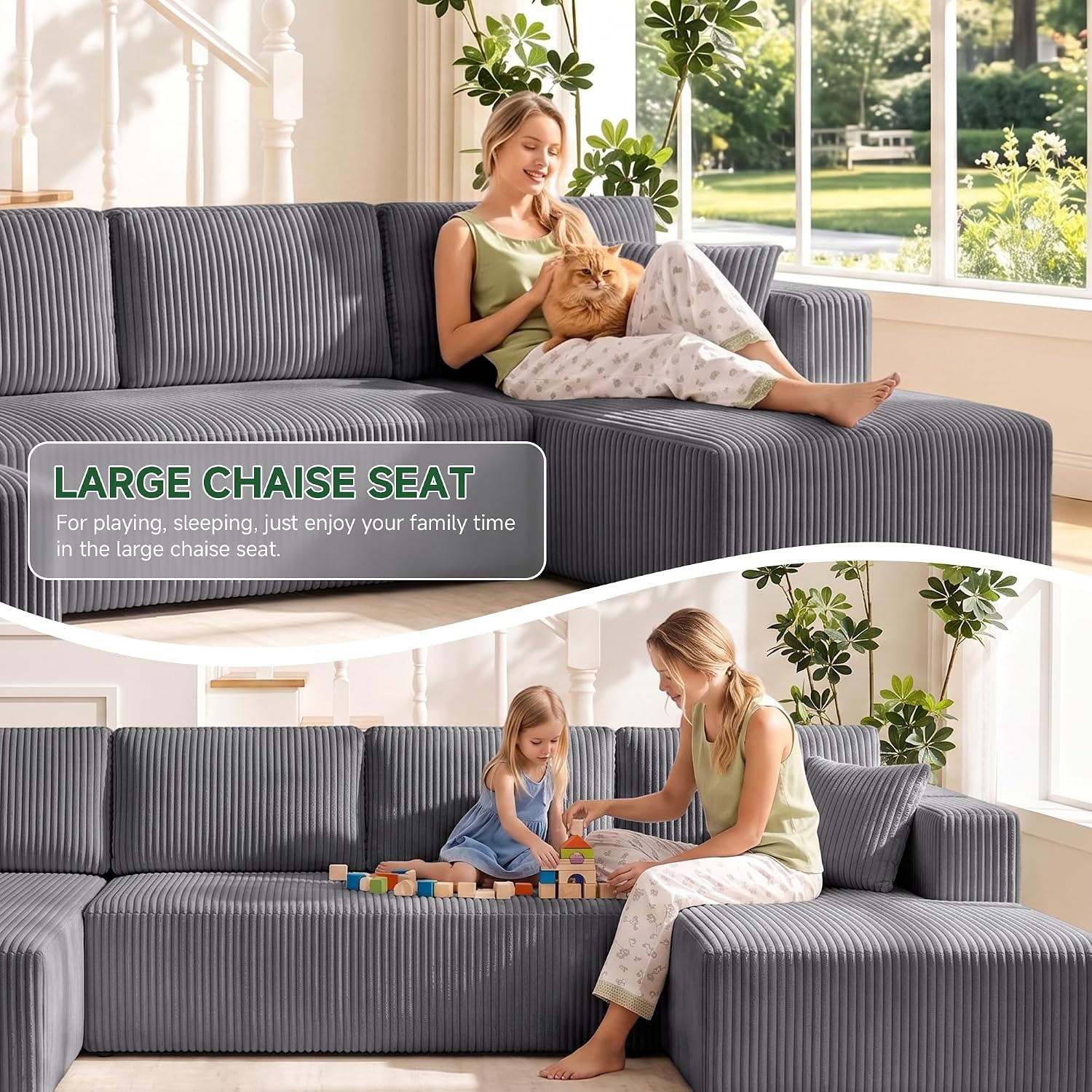 130" Couch U-Shaped Sectional Sofa, Grey | Corduroy Cloud Couch with Double Chaise, 30D Memory Foam, Compressed Sofa for Living Room, No Assembly Required