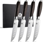 WILDMOK 5 Inch Steak Knives Set of 4, Ultra Sharp Steak Knives Kitchen Knives Set, German Stainless Steel Steak Knife Set Black Pakkawood Handle with Gift Box