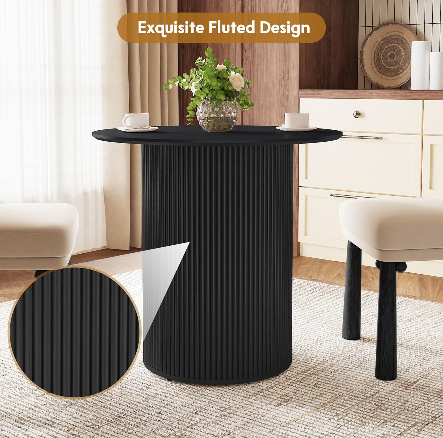 31.5 inch Round Dining Table for 2, Farmhouse Wood Fluted Dinner Round Kitchen Table with Wood Fluted Base, Mid-Century Modern Small Circle Dining Room Ta ble for Kitchen Living Room (Black)