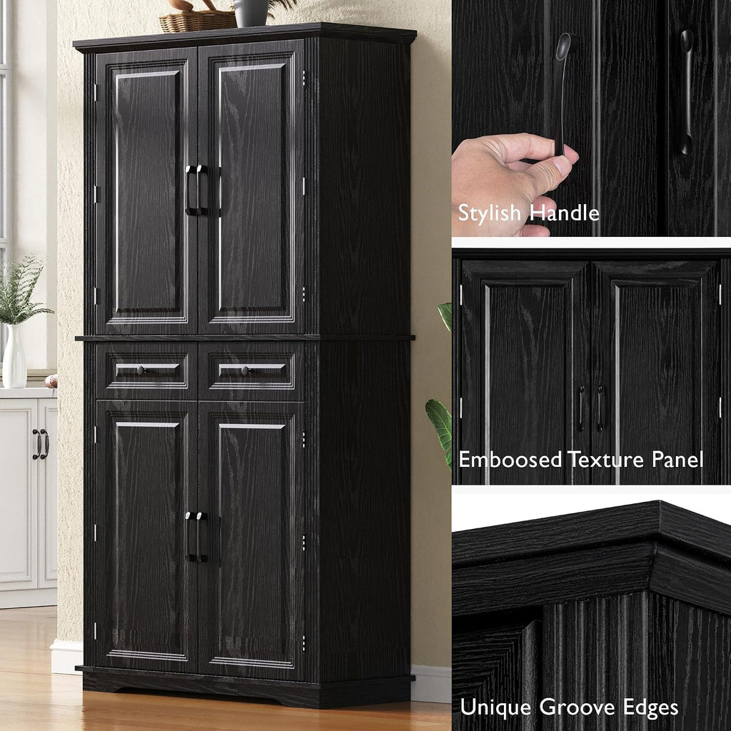71" Tall Kitchen Pantry Cabinet, Freestanding Storage Cabinet with 3 Pull-Out Cabinet Organizers 6 Door Storage Shelves 2 Drawers, Farmhouse Embossed Texture Cupboard for Kitchen, Black