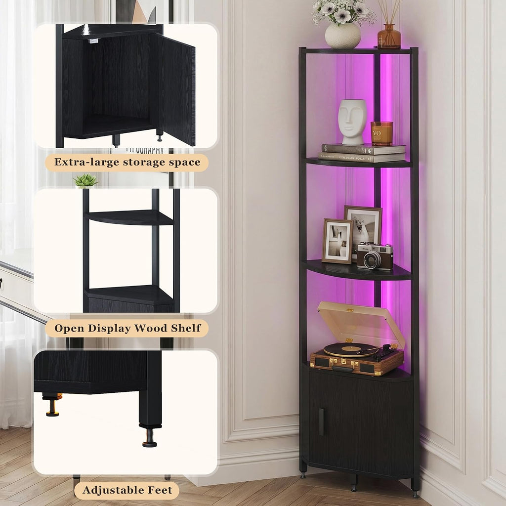 Corner Shelf with Storage, LED Lights 6-Tier Corner Bookshelf, 66'' Organizer Book Shelf Shelves Steel Frame Display Stand with Living Room, Bedroom, Study, Black
