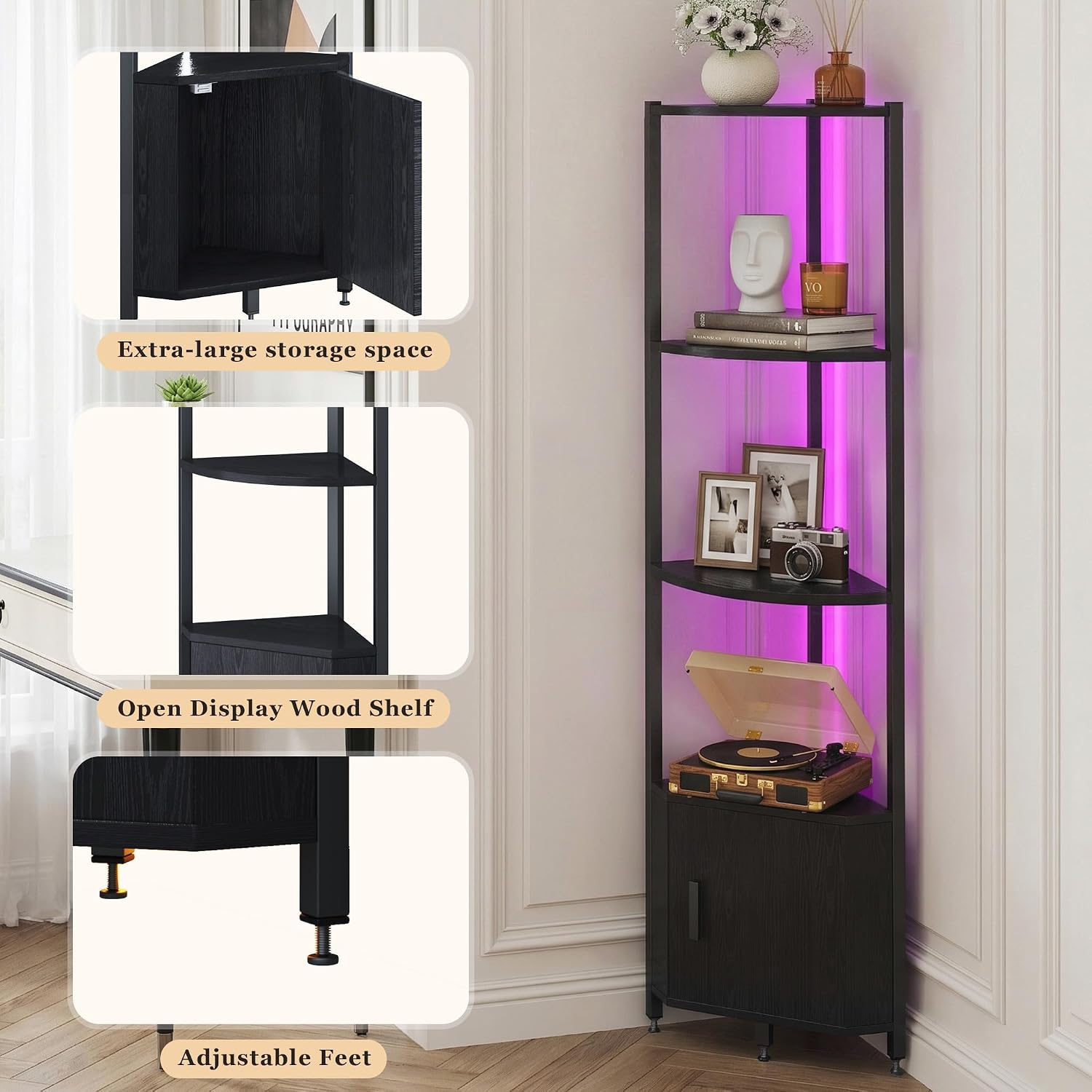 Corner Shelf with Storage, LED Lights 6-Tier Corner Bookshelf, 66'' Organizer Book Shelf Shelves Steel Frame Display Stand with Living Room, Bedroom, Study, Black