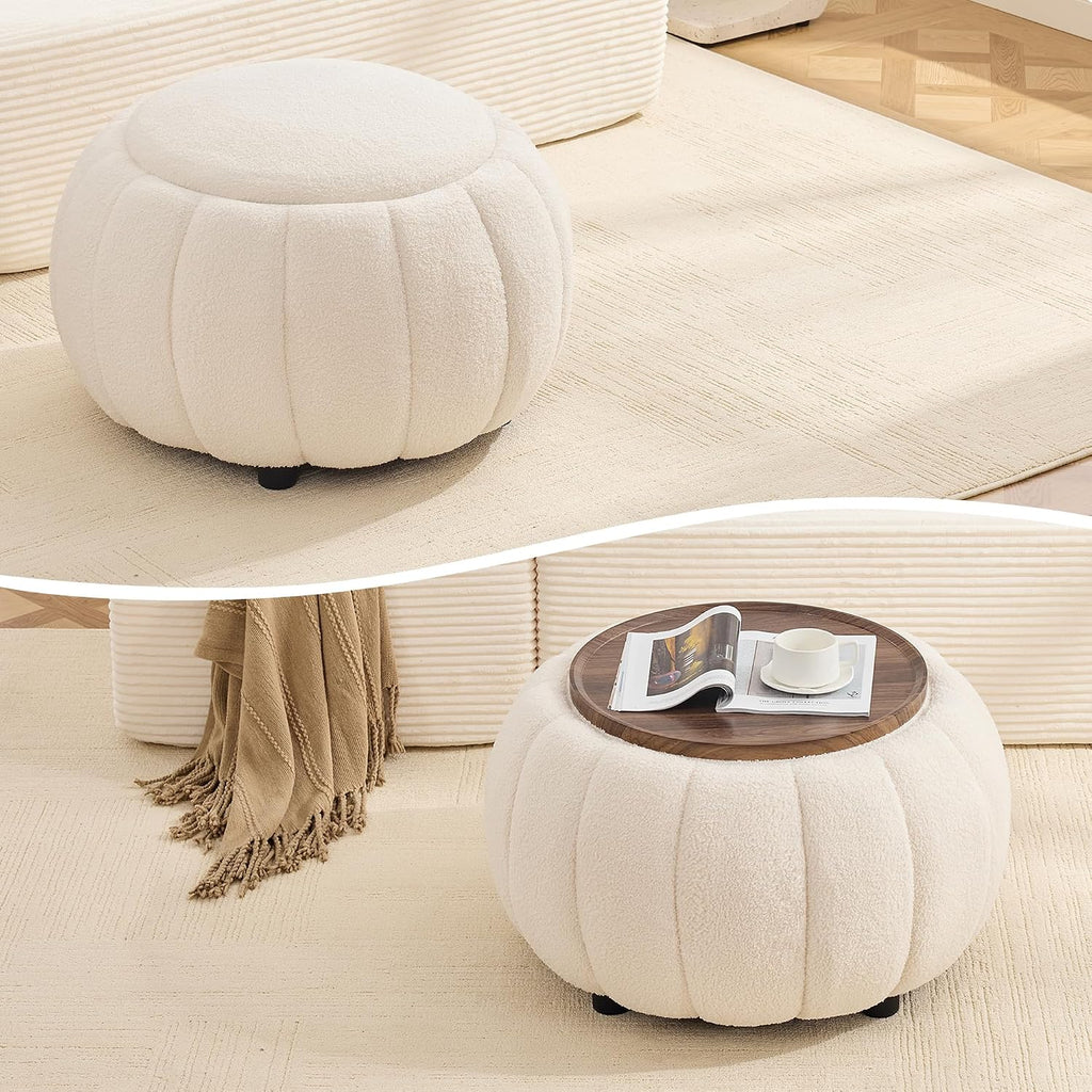 30 Inch Round Storage Ottoman Coffee Table for Living Room, Bedroom | Teddy Fabric , Anti-Slip Lid, ottoman foot rest, Pumpkin Shape
