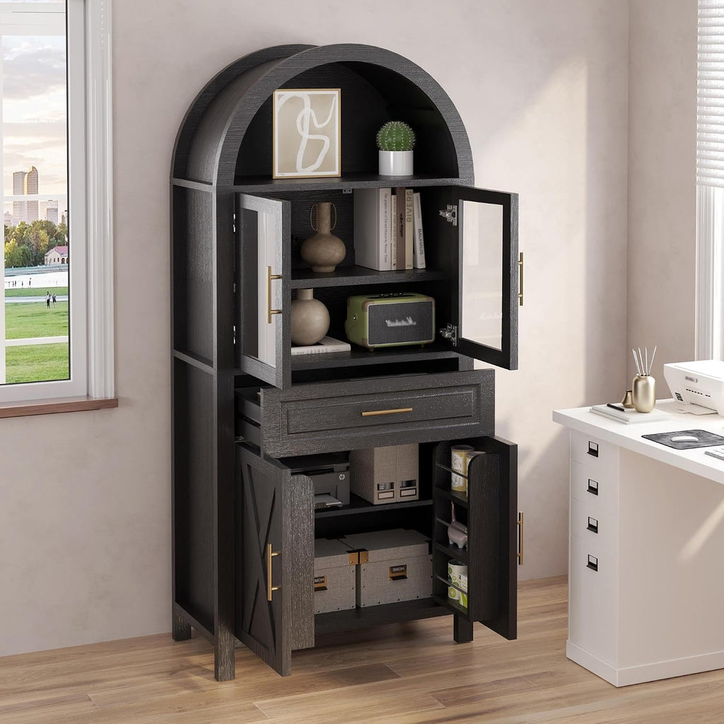 71" Tall Arched Kitchen Pantry Cabinet, Farmhouse Freestanding Food Pantry with Glass Door, Barn Door Design and Adjustable Shelves, Storage Cupboard for Kitchen, Living & Dining Room,Black