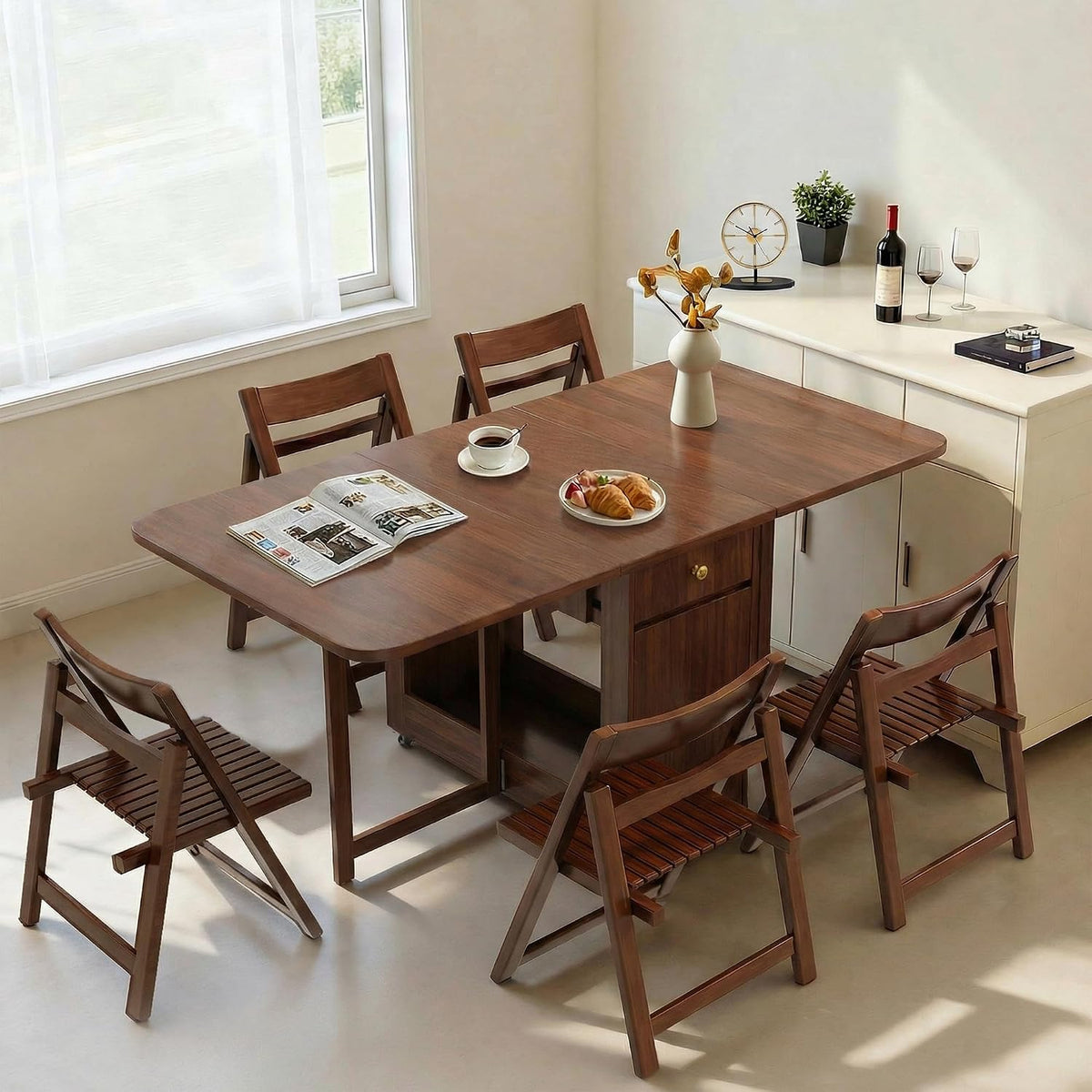 Drop Leaf Table and Chairs - 59" Fully Assembled Folding Dining Table 4-6 Seater with Storage and Lockable Wheels, Space-Saving Set with 4 Chairs for Kitchen or Dining Room (Walnut)