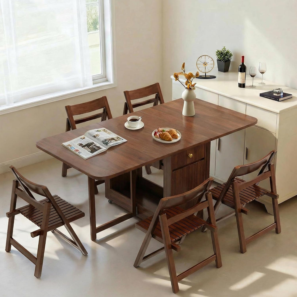 Small Folding Dining Table - 51" Fully Assembled Drop Leaf Table 4-6 Seater with Storage and Lockable Wheels, Space-Saving for Kitchen or Dining Room (Walnut)