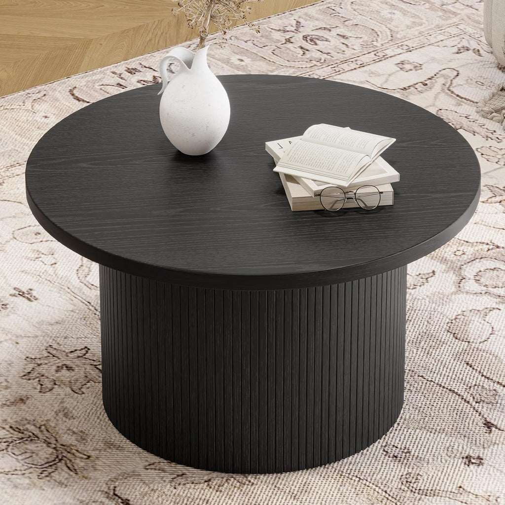 ONBRILL 31.5" Round Coffee Table, Tambour Design Coffee Tables for Living Room, Mid Century Modern Wood Coffee Table, Drum Accent Small Center Table, Black