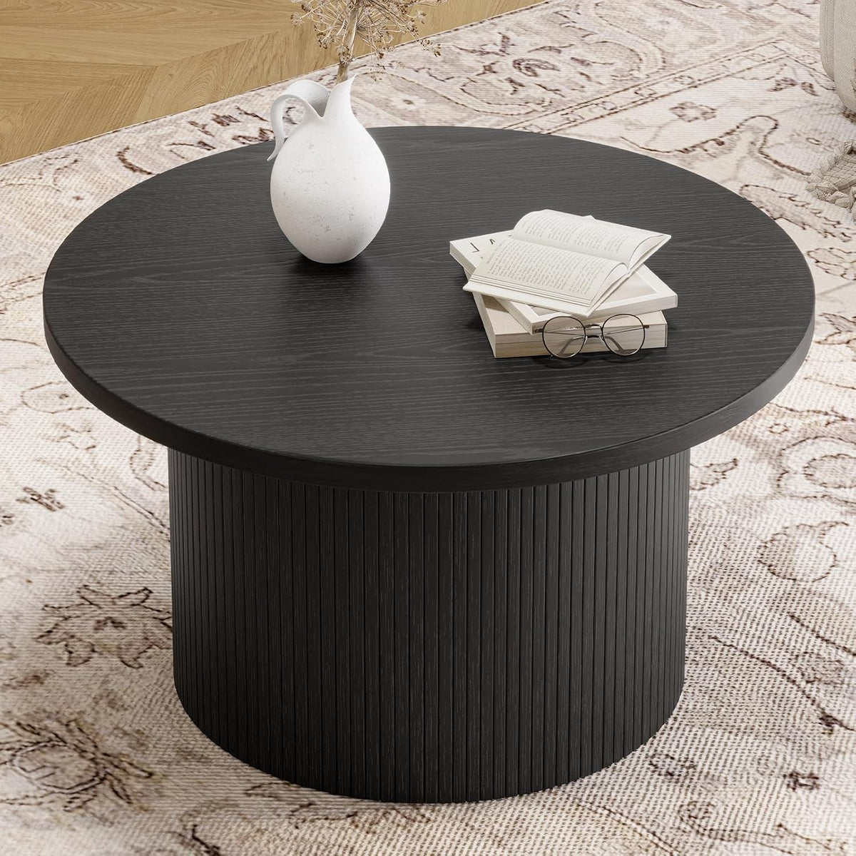 ONBRILL 31.5" Round Coffee Table, Tambour Design Coffee Tables for Living Room, Mid Century Modern Wood Coffee Table, Drum Accent Small Center Table, Black