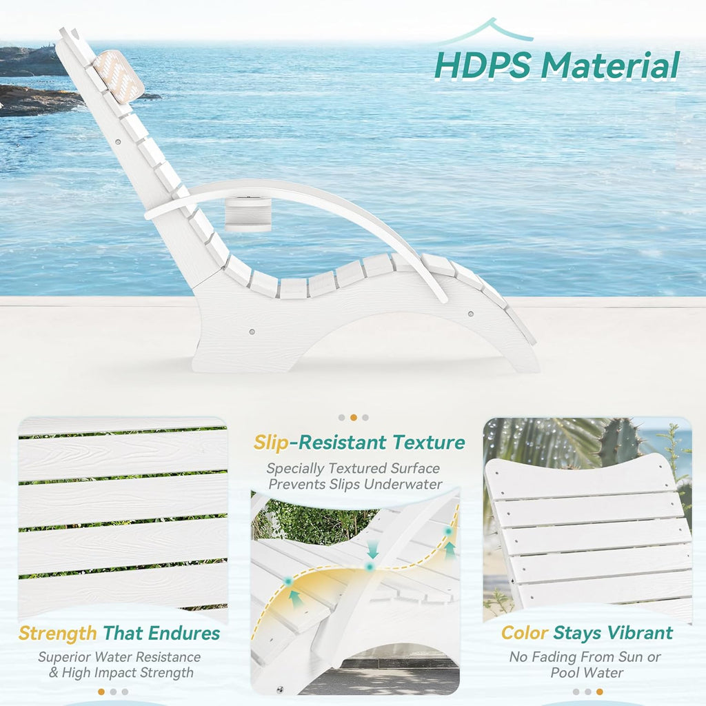 Pool Lounge Chairs Set of 2, Shallow Water 8-10 Inches Deep, HDPS Fade Resistant Pool Tanning Chair with Armrest, Cup Holder, Headrest, 330lbs Capacity, Outdoor Deck Sun Shelf Lounger, White
