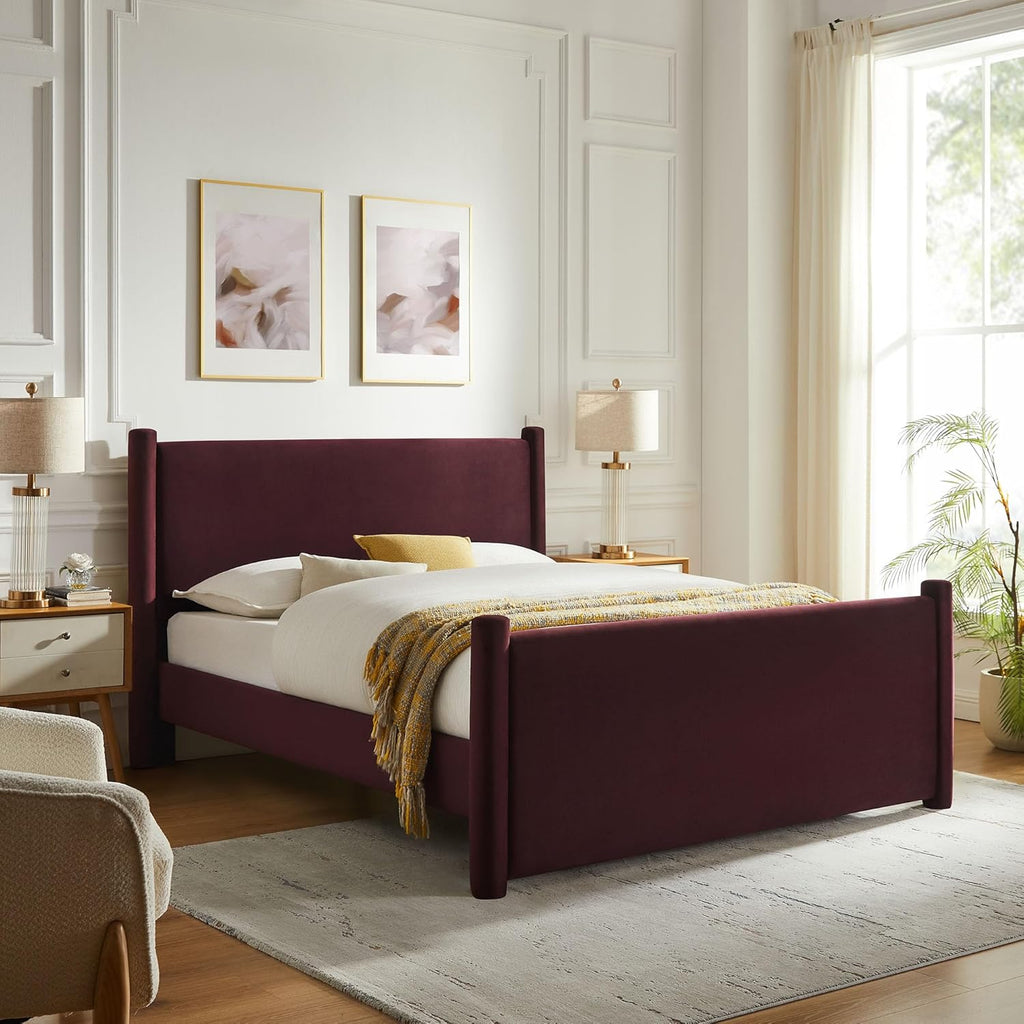 Modway Rael Queen Platform Bed Frame with Upholstered Headboard and Footboard in Mulberry – Stain-Resistant Performance Velvet Queen Size Bed with Rounded Posts