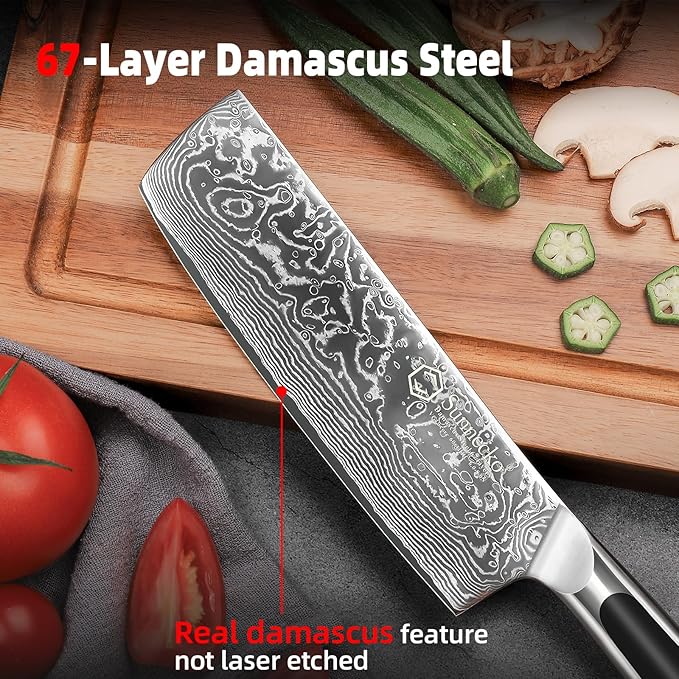 Sunnecko Damascus Kitchen Knife 7 Inch Cleaver Knife VG-10 Stainless Steel Chopping Knife with Solid Handle Nakiri Knife Perfect for Professional Use or Home Cooking Enthusiast