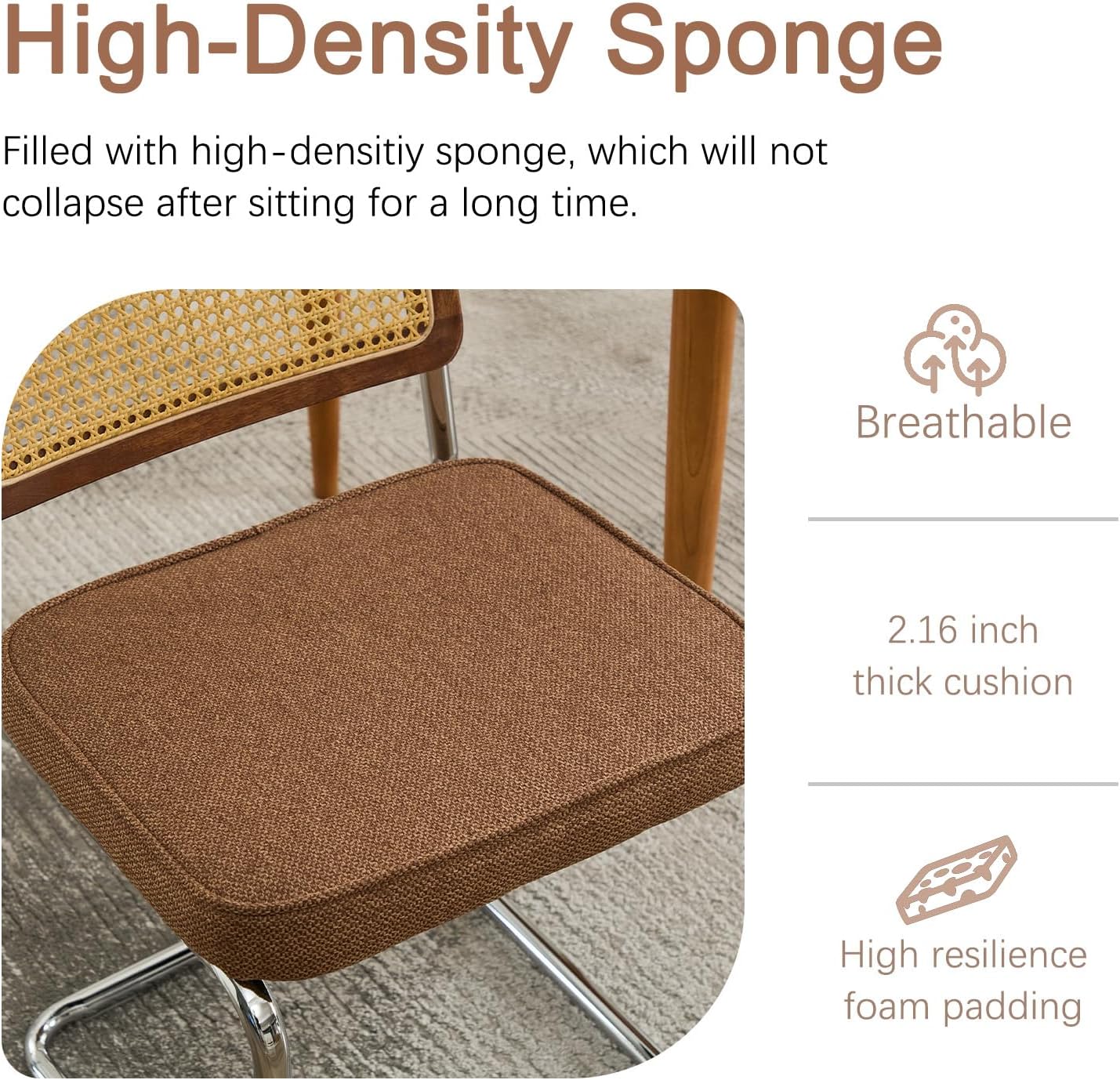 SoarFlash Linen Dining Chair Set of 4 Modern Upholstered Kitchen Chair with Walnut Rattan Cane Back, Stainless Chrome Base for Dining Room, Club(Coffee)