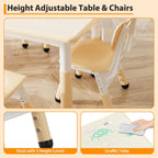 Toddler Table and Chair Set, Height Adjustable Kids Table and 6Chairs, Toddler Activity Table with Storage Boxes,Wipeable Graffiti Wood Grain Desktop,12Water Pens Included for Classroom, Natural Wood