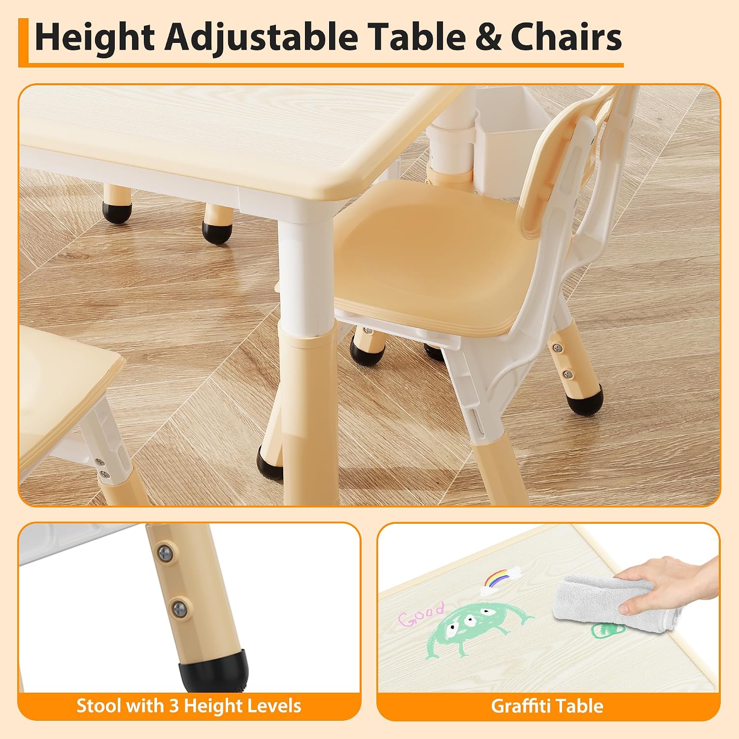 Toddler Table and Chair Set, Height Adjustable Kids Table and 6Chairs, Toddler Activity Table with Storage Boxes,Wipeable Graffiti Wood Grain Desktop,12Water Pens Included for Classroom, Natural Wood