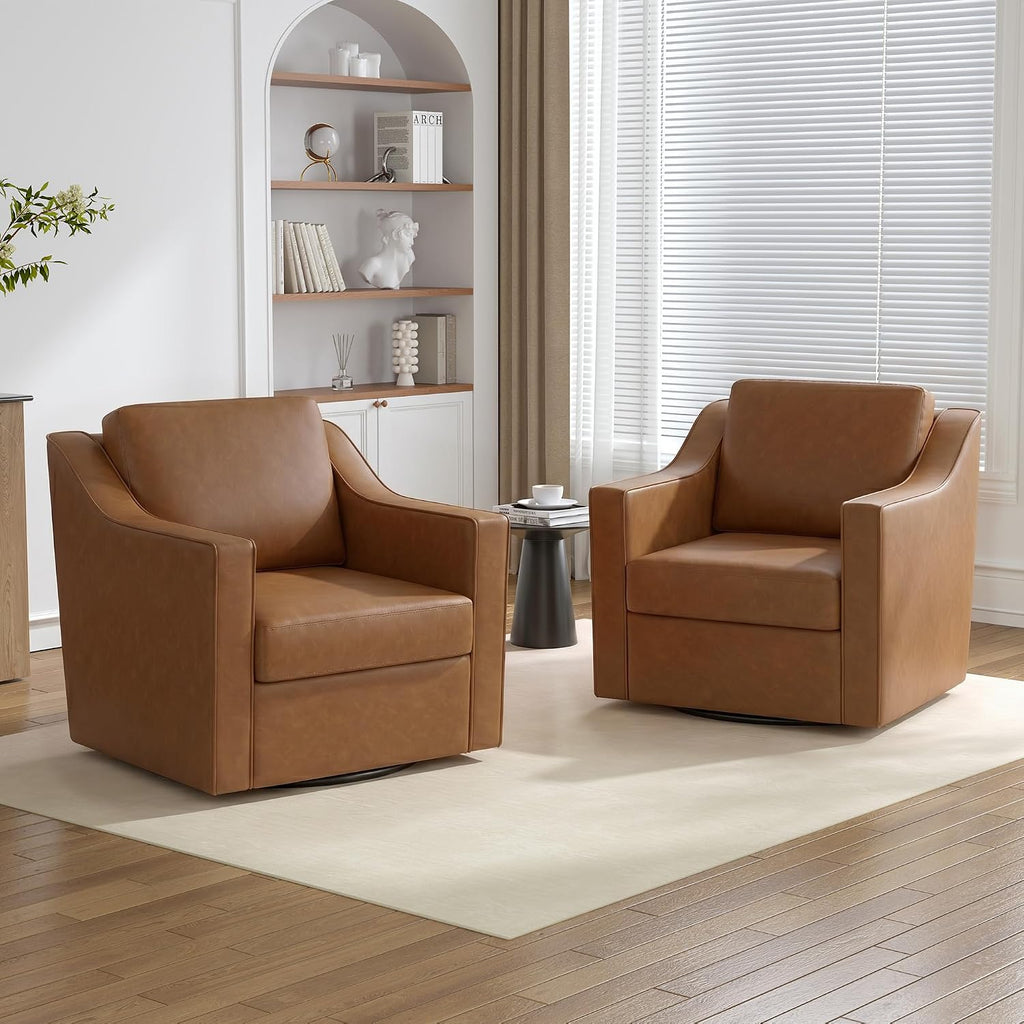 Faux Leather Swivel Accent Barrel Chairs Set of 2, Brown