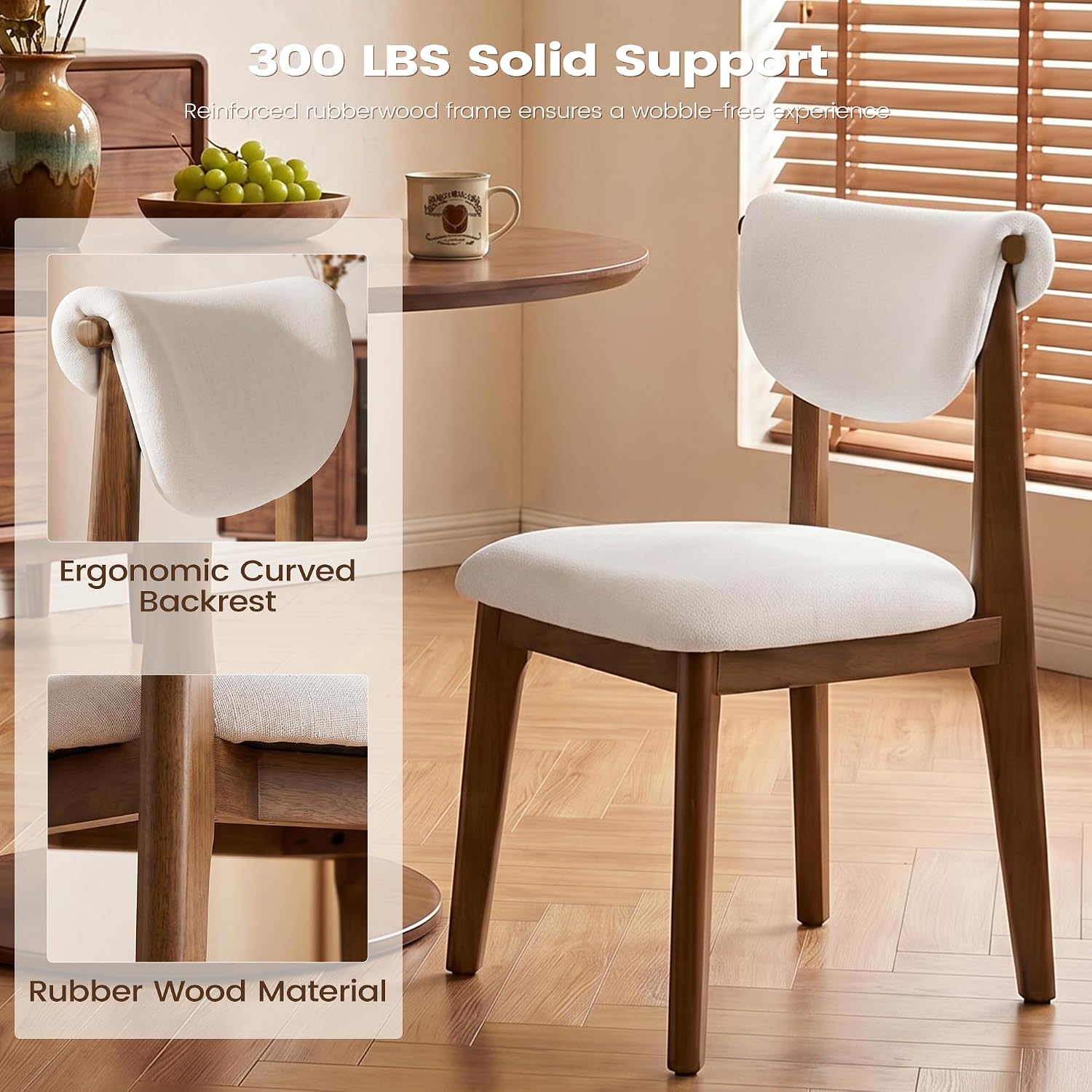 Dining Chairs Set of 6, Solid Rubberwood Kitchen Chairs with Lumbar Support High Back, Breathable Cotton Fabric Seat Cushion, Mid-Century Modern Accent Furniture for Dining Room Living Room Home,Beige
