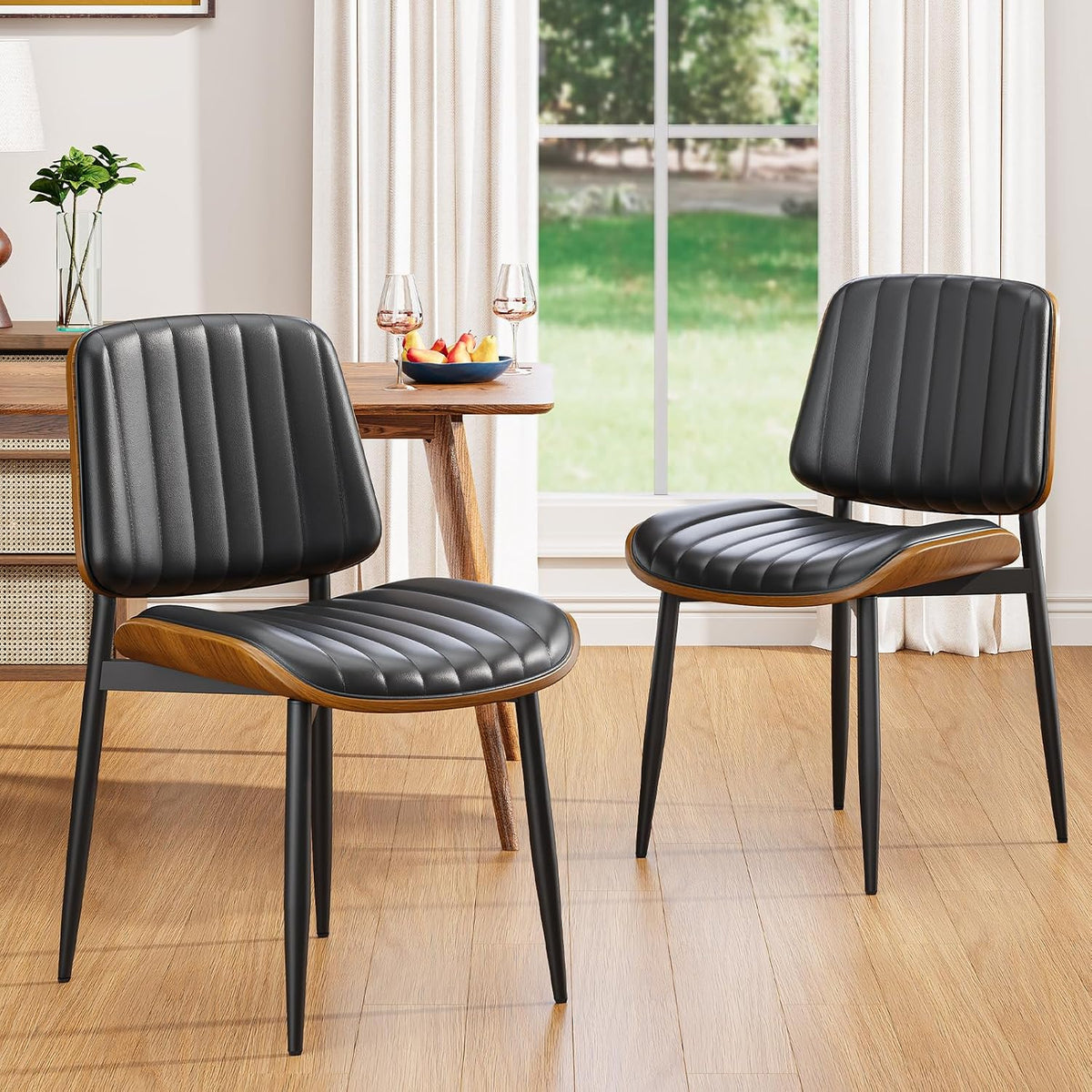 YaFiti Dining Chairs Set of 2, Mid Century Modern PU Leather Kitchen Chairs | Ergonomic Walnut Backrest, Upholstered Waterproof Faux Leather Seat, Stable Metal Legs, Adjustable Footpads, Black Pinstripe