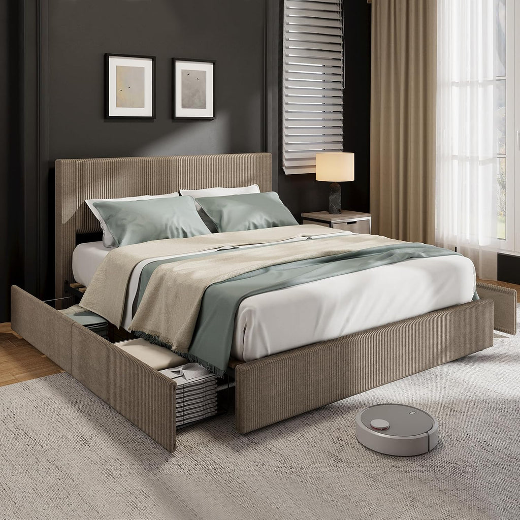 Garvee Corduroy Bed Frame with Headboard, Platform Upholstered Queen Bed Frame with 4 Storage Drawers and Wooden Slats Support, No Box Spring Needed, Brown