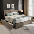 Garvee Corduroy Bed Frame with Headboard, Platform Upholstered Queen Bed Frame with 4 Storage Drawers and Wooden Slats Support, No Box Spring Needed, Brown