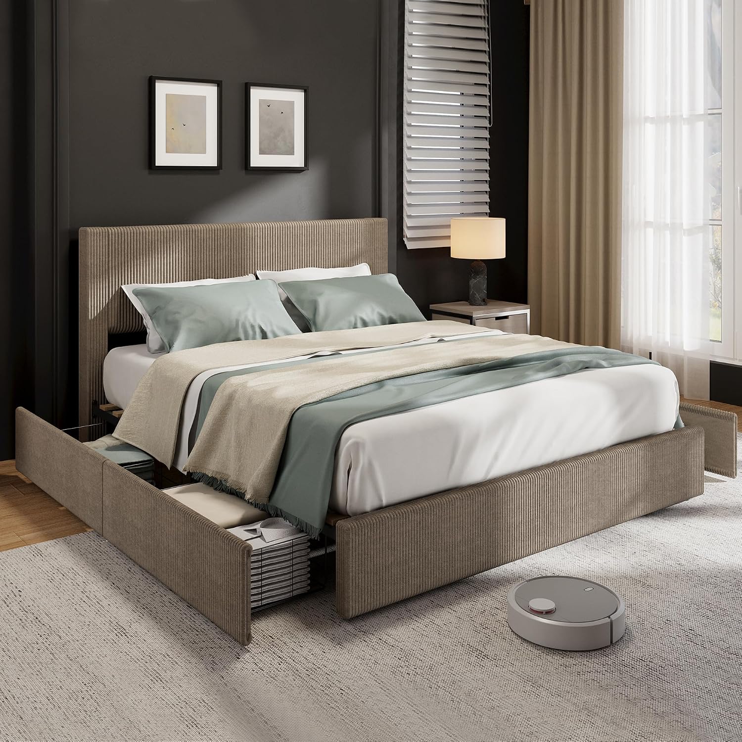Garvee Corduroy Bed Frame with Headboard, Platform Upholstered Queen Bed Frame with 4 Storage Drawers and Wooden Slats Support, No Box Spring Needed, Brown