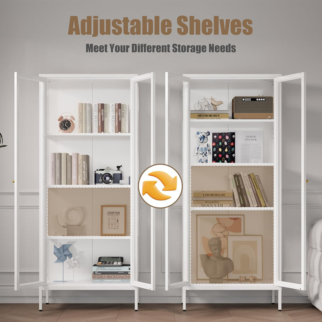Glass Display Cabinet, 66" Tall Metal Storage Cabinet with Doors and Adjustable 3 Shelves, White Curio Glass Showcase, Pantry Storage Cabinet, Large Display Case for Living Room, Hallway, Kitchen