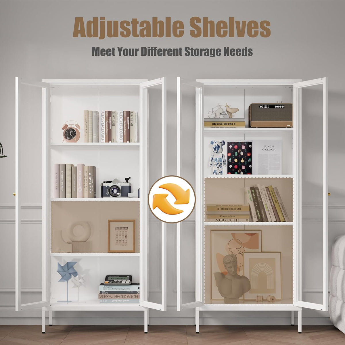 Glass Display Cabinet, 66" Tall Metal Storage Cabinet with Doors and Adjustable 3 Shelves, White Curio Glass Showcase, Pantry Storage Cabinet, Large Display Case for Living Room, Hallway, Kitchen