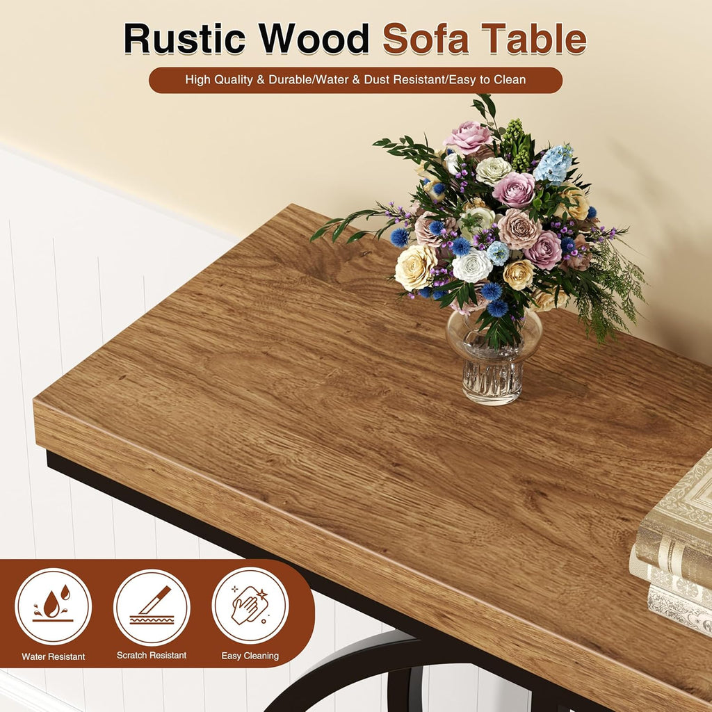 Vongrasig Console Table with Circle Base, Industrial Narrow Entryway Table with Storage, 4-Tier Wood Sofa Table for Living Room, Hallway, Rustic Brown