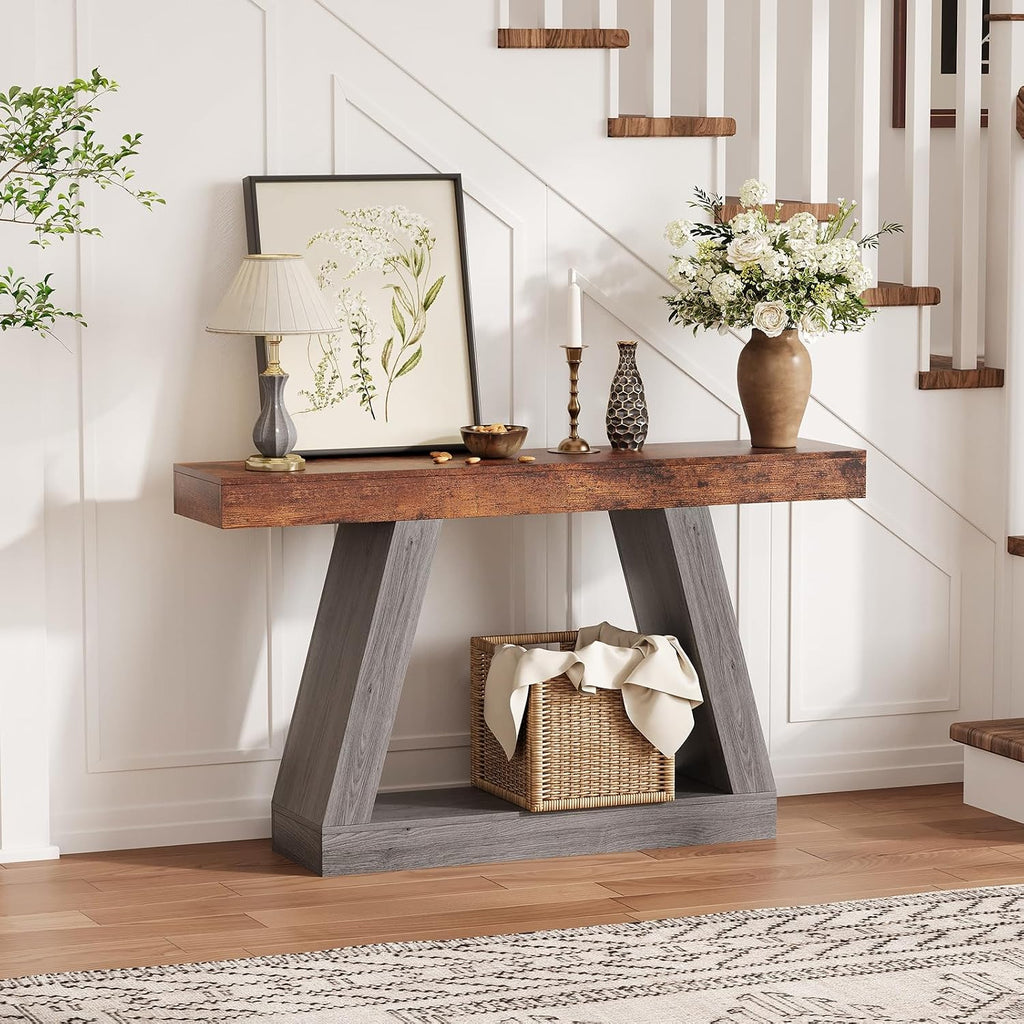 55in Farmhouse Console Table - 2-Tier Wooden Trapezium Sofa Table - Skinny Entryway Furniture with Open Storage Shelf - Ideal for Living Room, Behind Couch, Hallway - Gray