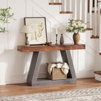 55in Farmhouse Console Table - 2-Tier Wooden Trapezium Sofa Table - Skinny Entryway Furniture with Open Storage Shelf - Ideal for Living Room, Behind Couch, Hallway - Gray